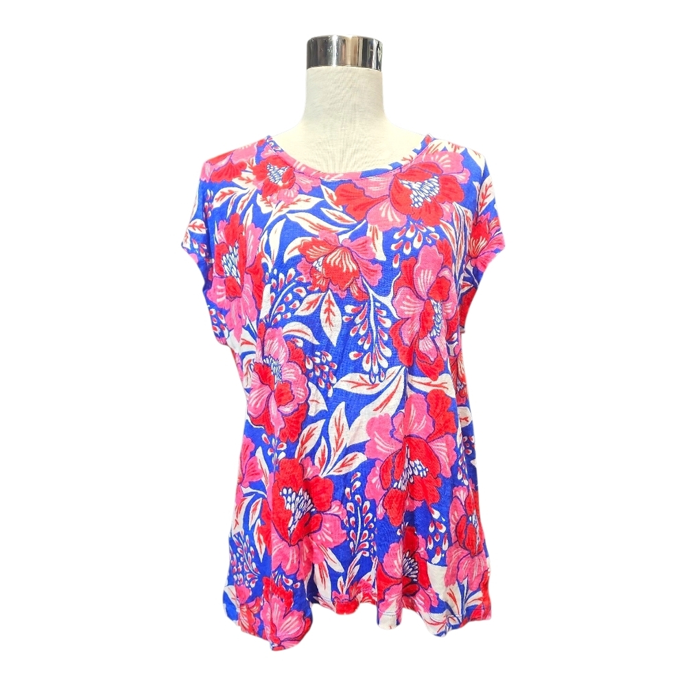 Sigrid Olsen Red, White & Blue with Pink Floral Cap Sleeves Linen Tee XL
